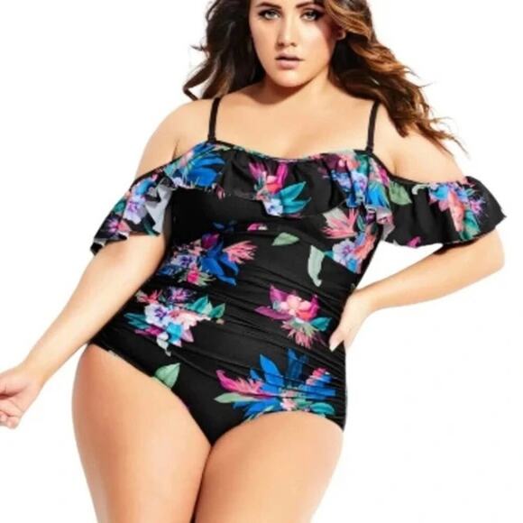 City Chic Elba Tropical Ruffle Off Shoulder One Piece Bathing Suit plus 22 24 2X - Picture 2 of 14
